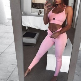 Vertvie Fitness Yoga Set New Pink Solid Crop Top+Long Pant Athleisure Women Suit Gym Sports Bra+Legging Two Piece Set Sportswear