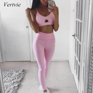 Vertvie Fitness Yoga Set New Pink Solid Crop Top+Long Pant Athleisure Women Suit Gym Sports Bra+Legging Two Piece Set Sportswear32830624978