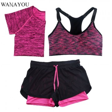 WANAYOU 3 Pieces Women Fitness Yoga Set T-Shirt & Bra & Shorts Sport Set Gym Clothes Sport Wear Training Suit quick dry Running 