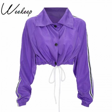 Weekeep Fashion Cropped Long Sleeve Single Breasted Jacket Women Loose Lace Up Casaco Feminino Summer Crop Rash Guards Top32856439225