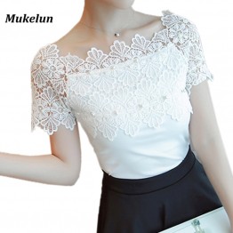 Women Lace Patchwork Blouse Shirt Casual Off Shoulder Top Sexy Short Sleeve White Blouse Ladies Summer Hollow Elegant Blouses