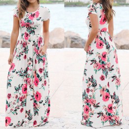 Women Long Maxi Dress 2019 Summer Floral Print Boho Beach Dress Short Sleeve Evening Party Dress Tunic Vestidos Plus Size XXXL
