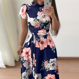 Women Summer Dress 2019 Casual Short Sleeve Long Dress Boho Floral Print Maxi Dress Turtleneck Bandage Elegant Dresses Vestido