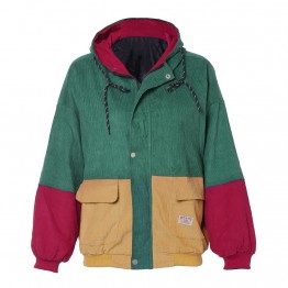 ZAN.STYLE Winter Warm Color Block Hooded Corduroy Jacket Drawstring Hit Color Patched Pocket Thick Basic Women Coat Harajuku New