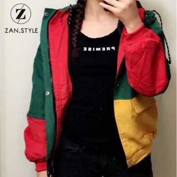 ZAN.STYLE Winter Warm Color Block Hooded Corduroy Jacket Drawstring Hit Color Patched Pocket Thick Basic Women Coat Harajuku New32845536002