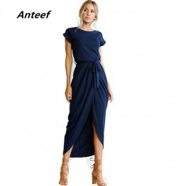 anteef cotton solid plus size sexy slit clothes women casual maxi long Tunic beach summer dress vestidos 2019 dresses