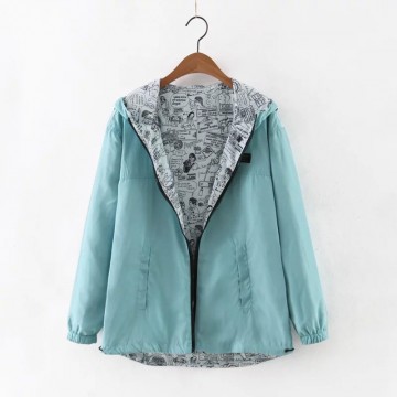 kumaiya Autumn Women Bomber Basic Jacket Pocket Zipper Hooded Two Side Wear Cartoon Print Outwear Loose Coat32709681563